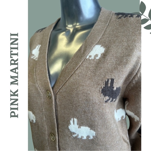 Pink Martini Gia Sweater Button Front V Neck  Cardigan Rabbit Print Size XL - Picture 4 of 5